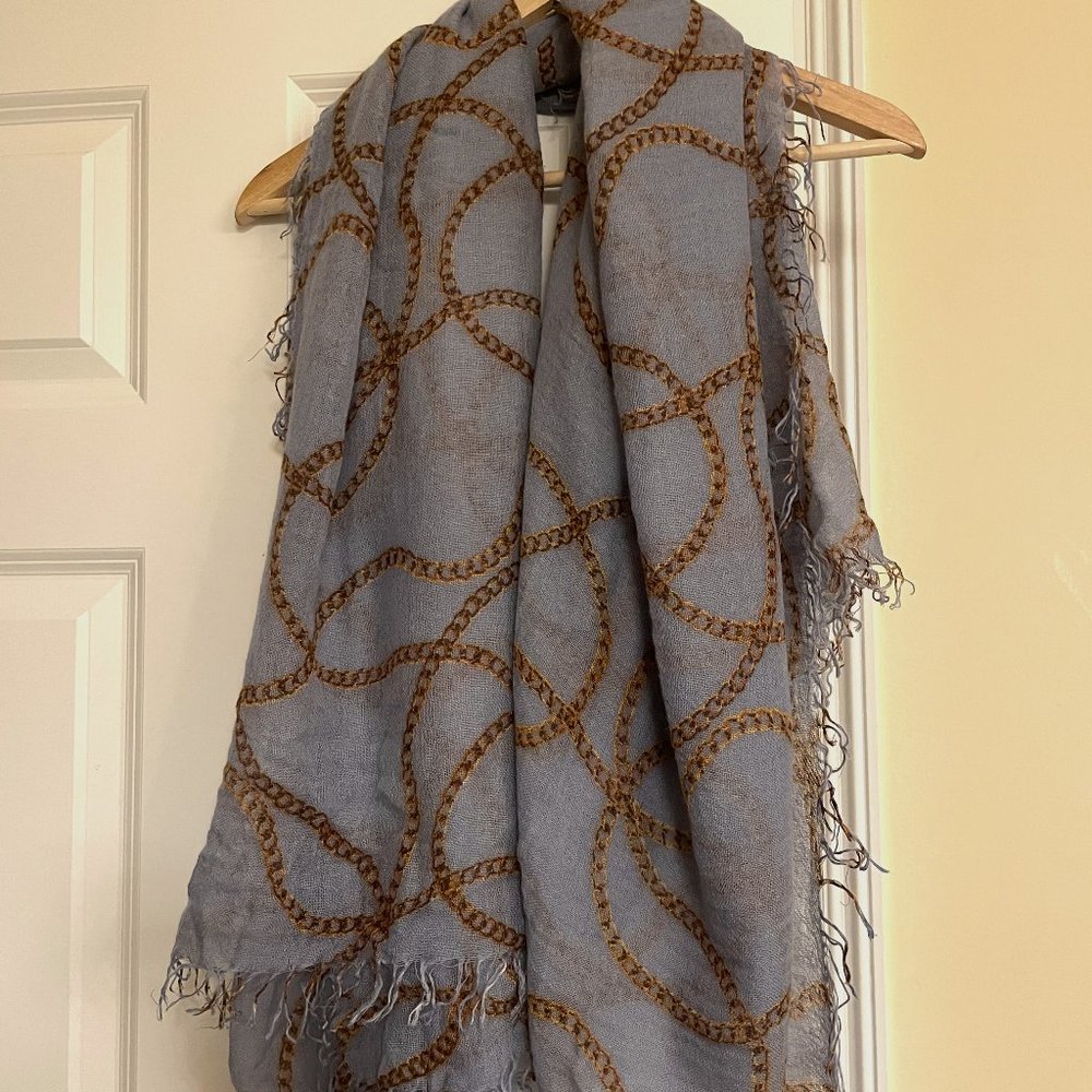 Chan Luu Chain Link Print Cashmere Silk Scarf. Dusty Blue Color.